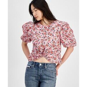 Tommy Hilfiger Women's Ditsy Floral Puff-Sleeve Top Pink White Multi L